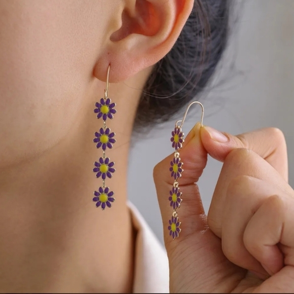 Flower Earrings Copper Drop Purple & Yellow - Picture 1 of 8